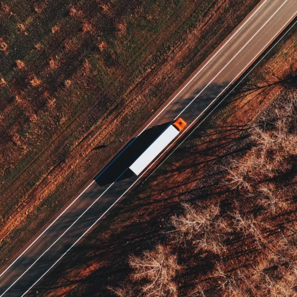 Semi-truck on the road from above