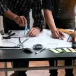 Two engineer meeting and planning construction project together.